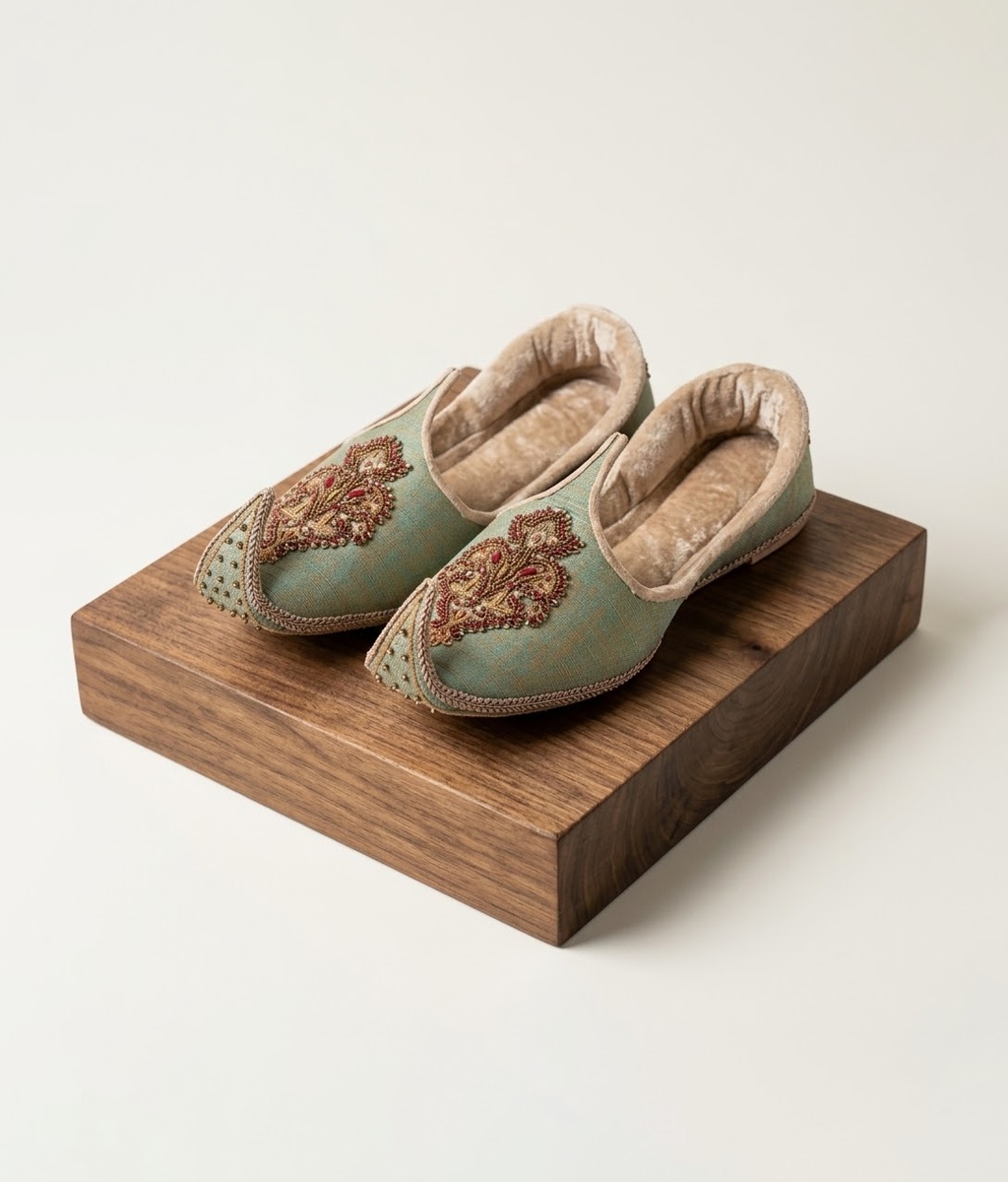 Traditional  Green Padded Khussa with Tilla Work
