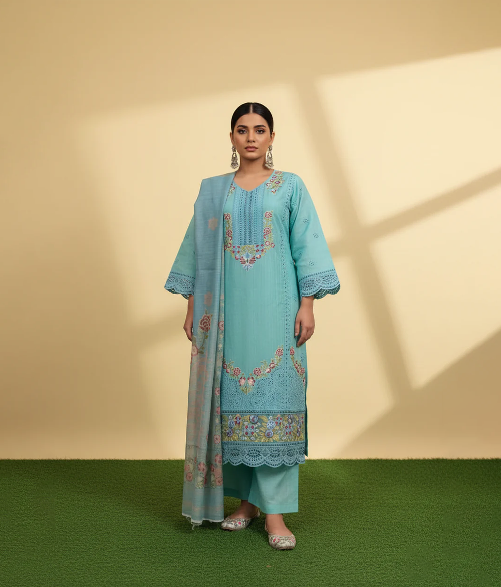 Turquoise embroidered floral work 3 piece suit