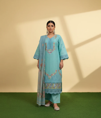 Turquoise embroidered floral work 3 piece suit