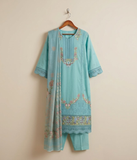Turquoise embroidered floral work 3 piece suit