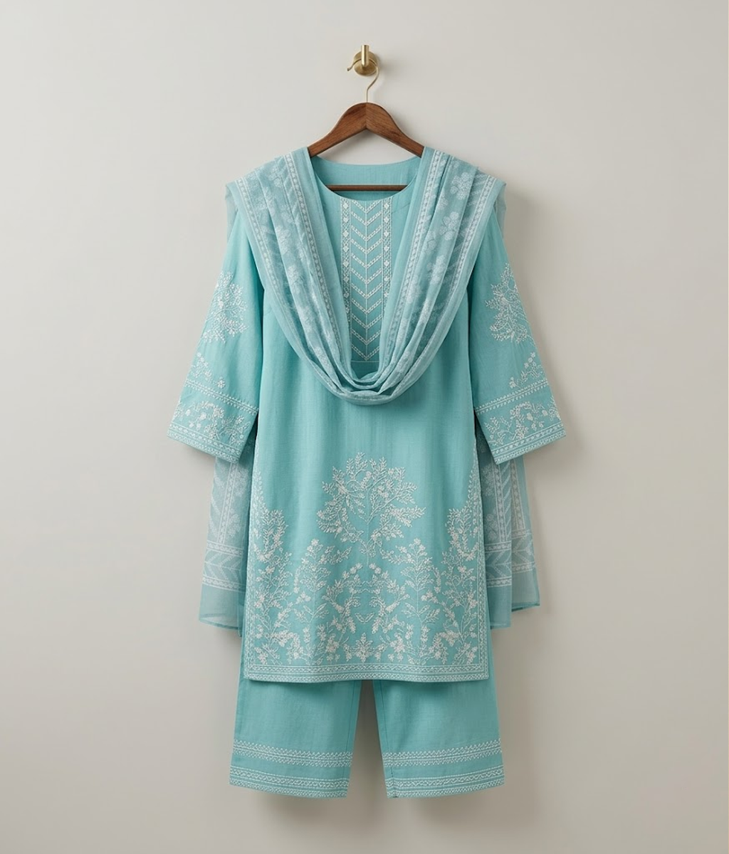 Turquoise embroidered shirt with trouser and printed dupatta