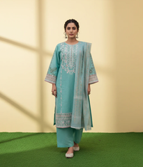 Turquoise embroidered shirt with trousers and cotton dupatta