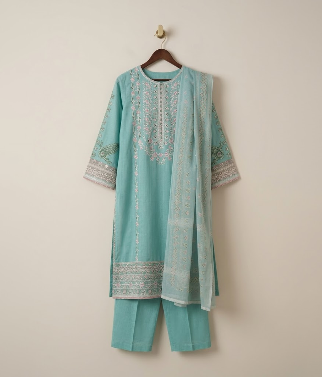 Turquoise embroidered shirt with trousers and cotton dupatta