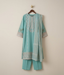 Turquoise embroidered shirt with trousers and cotton dupatta
