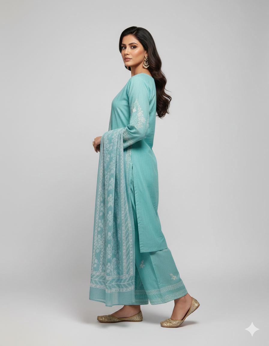 Turquoise embroidered shirt with trouser and printed dupatta