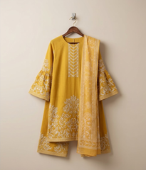 Yellow embroidered shirt with trouser and printed dupatta