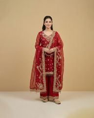 Red Raw Silk 3 piece dabka work with dupatta and plain trousers