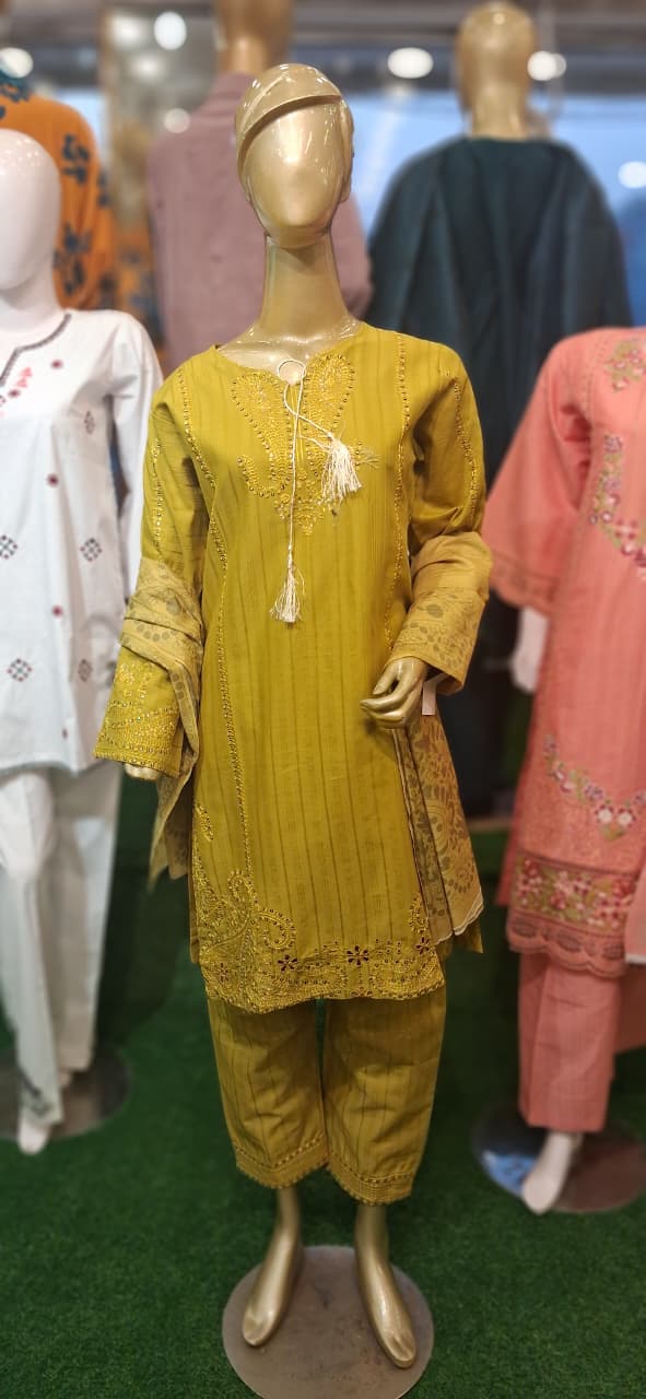Mustard Yellow Embroidered Cotton Lawn 3 Piece Suit
