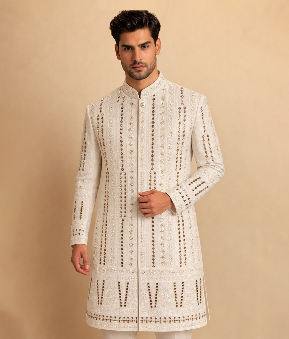 White pure silk Sherwani border sequin