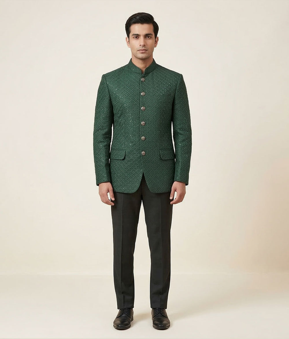 Emerald Green Sequence Embroidered Raw Silk Prince Coat
