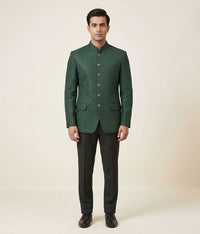 Emerald Green Sequence Embroidered Raw Silk Prince Coat