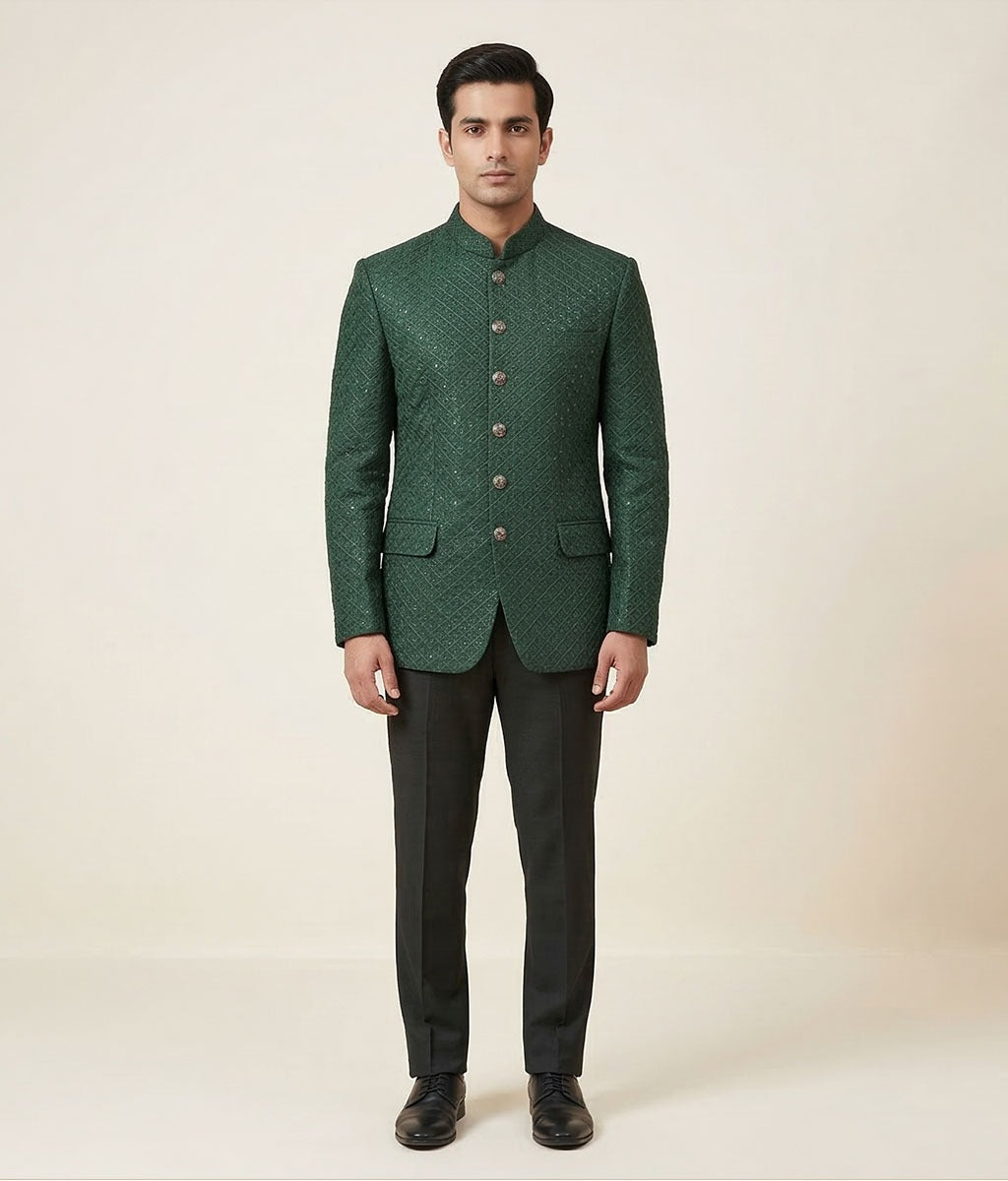 Emerald Green Sequence Embroidered Raw Silk Prince Coat