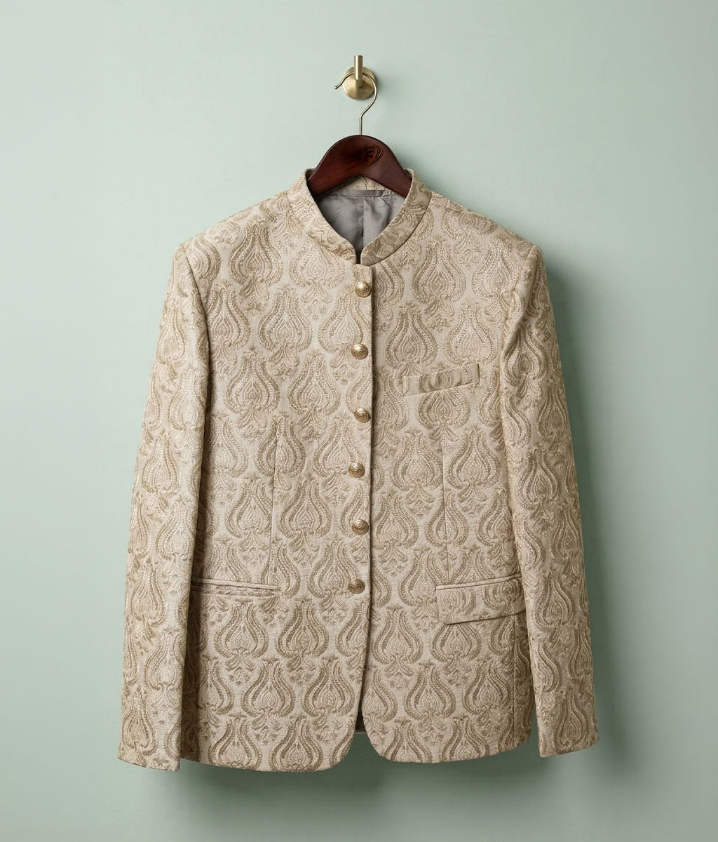 Offwhite Plain Embroidered Raw Silk Prince Coat