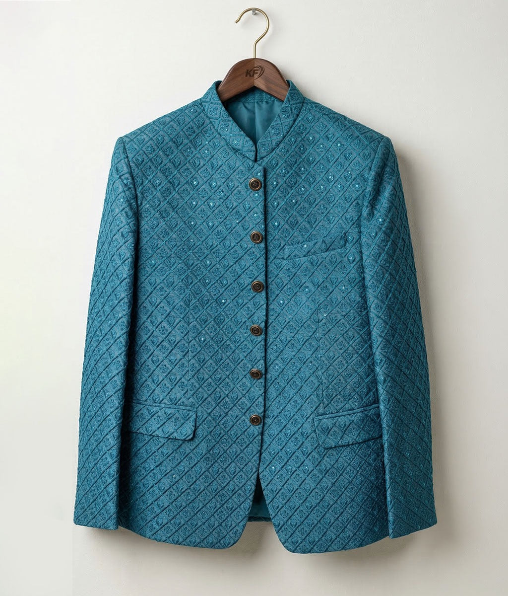 Teal Blue Sequence Embroidered Raw Silk Prince Coat