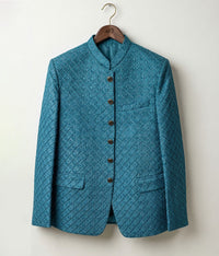 Teal Blue Sequence Embroidered Raw Silk Prince Coat