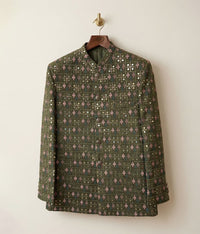Mehndi Green Sheesha Work Raw Silk Prince Coat