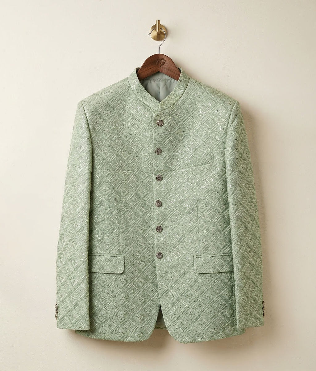 Mint Green Embroidered Raw Silk Prince Coat