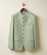 Mint Green Embroidered Raw Silk Prince Coat