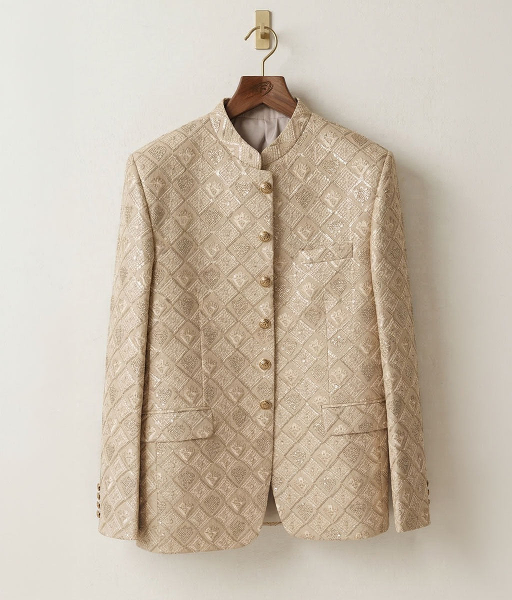 Muddy Brown Sequence Embroidered Raw Silk Prince Coat