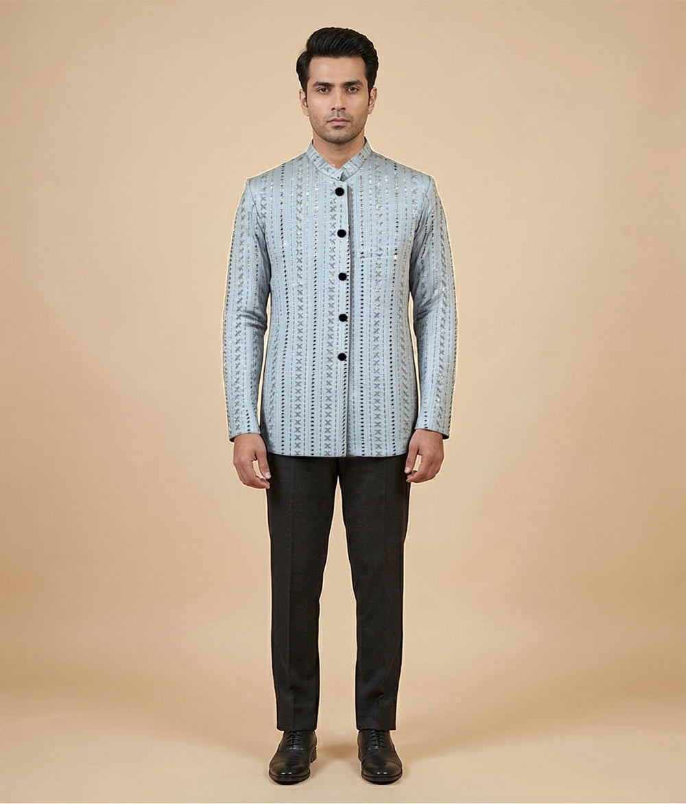 Grey Sequin Raw Silk Prince Coat
