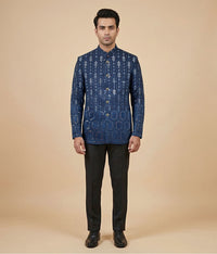 Dark blue Sequin Raw Silk Prince Coat