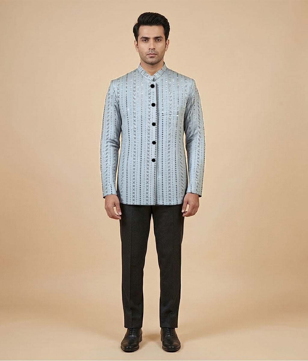 Grey Sequin Raw Silk Prince Coat