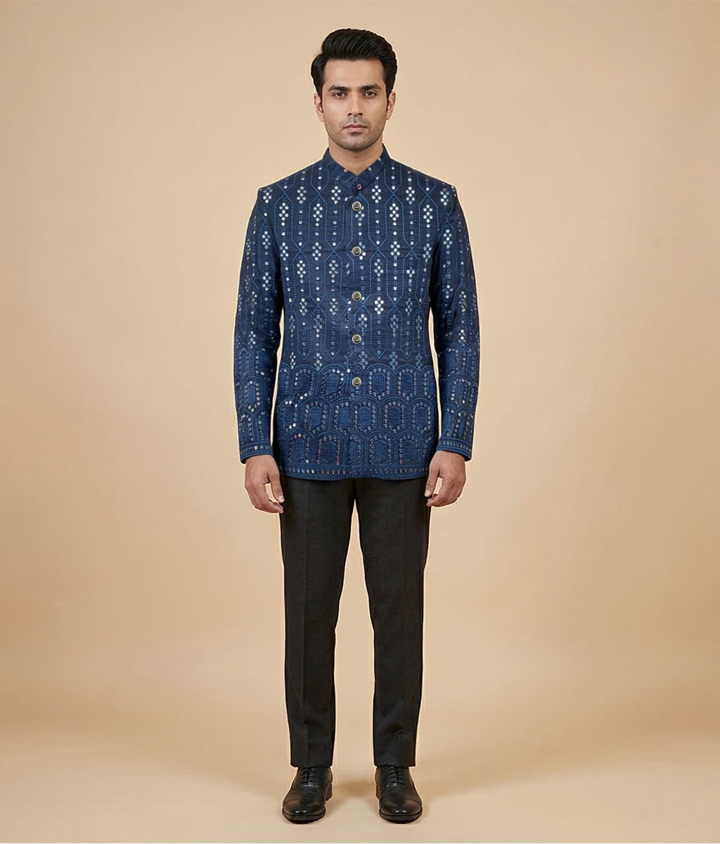 Dark blue Sequin Raw Silk Prince Coat