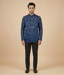 Dark blue Sequin Raw Silk Prince Coat