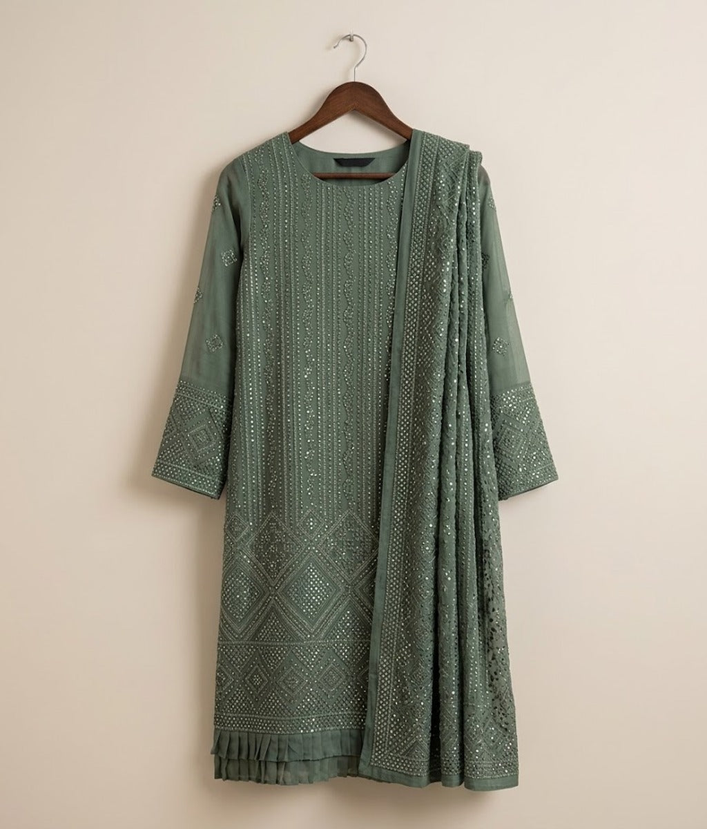 Green Raw Silk 2 Piece Shirt and Dupatta