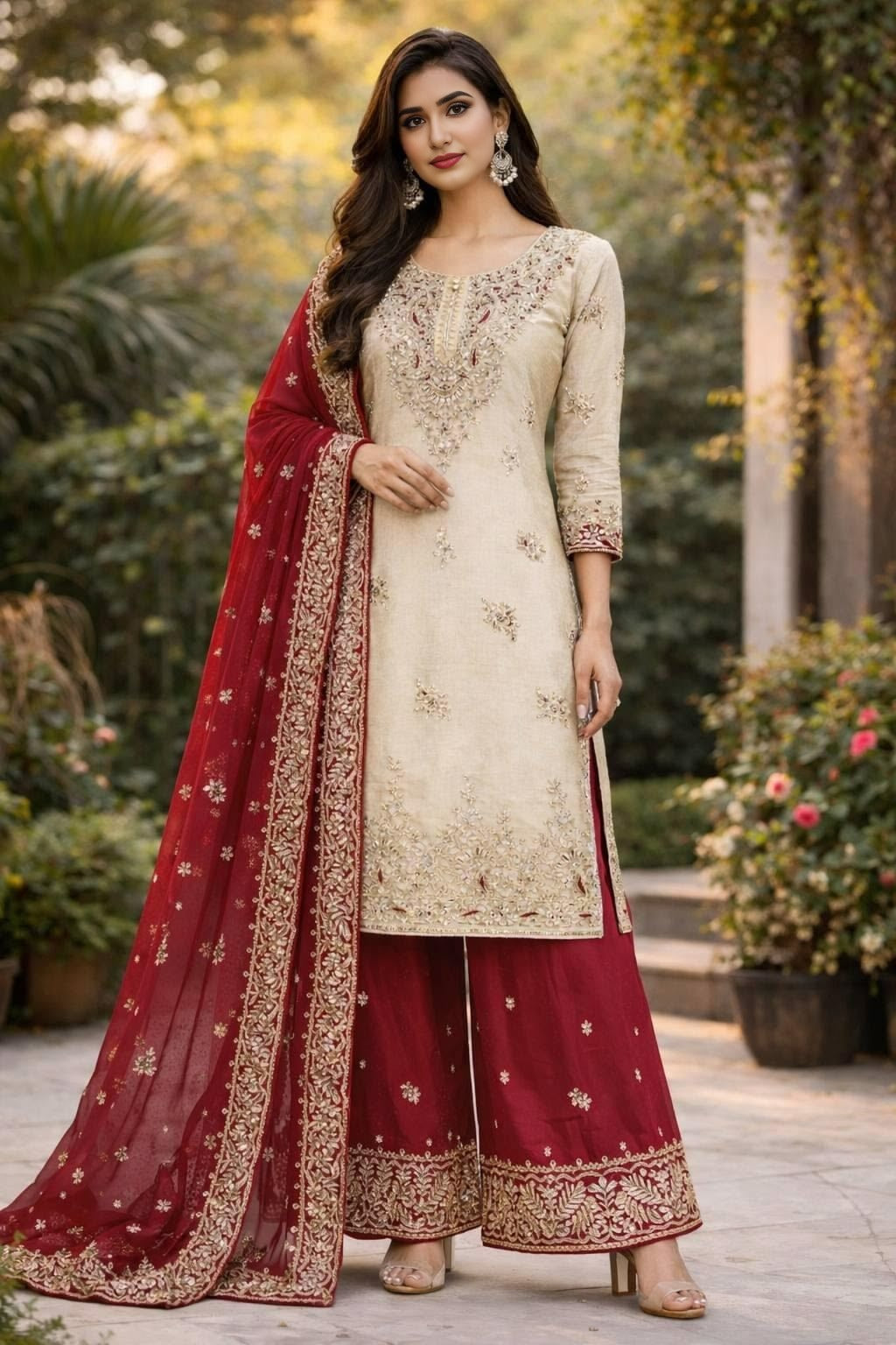 White Maroon Contrast Gharara