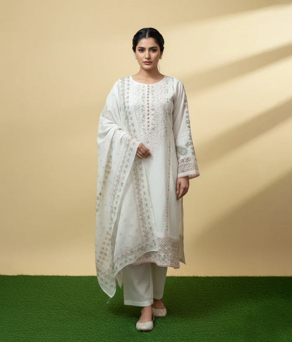 White Cotton Embroidered Shirt with Trousers and Cotton Dupatta