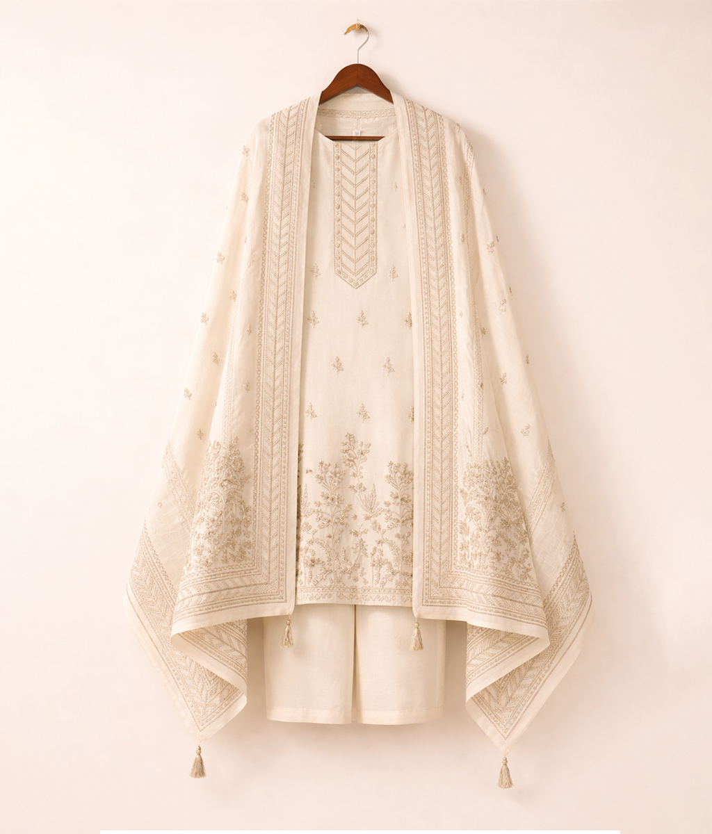 White Cotton Embroidered Shirt with Trousers and Cotton Dupatta