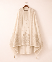 White Cotton Embroidered Shirt with Trousers and Cotton Dupatta