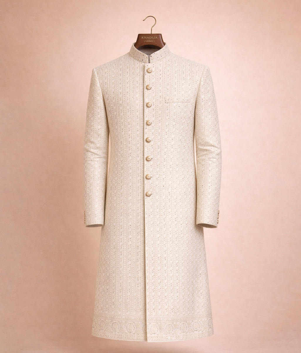 White Sequin rawsilk Sherwani