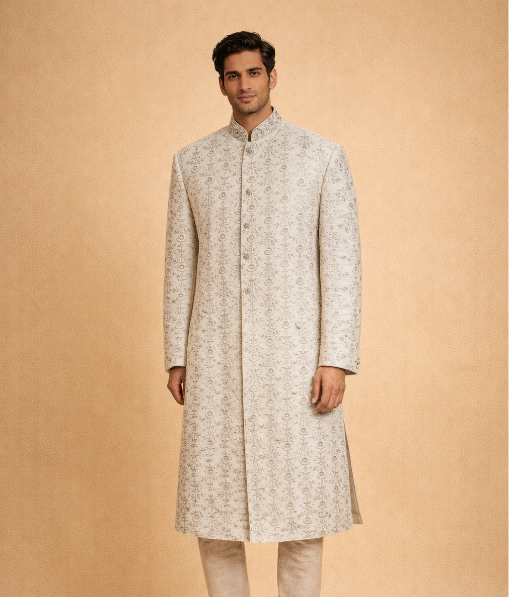 White Sherwani embroidered handmade