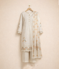White cotton 3 piece with embroidery work