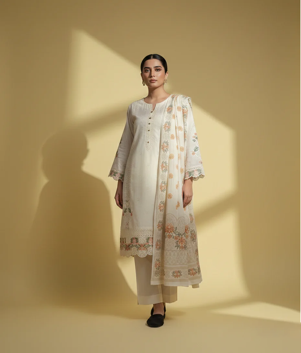 White cotton 3 piece with embroidery work