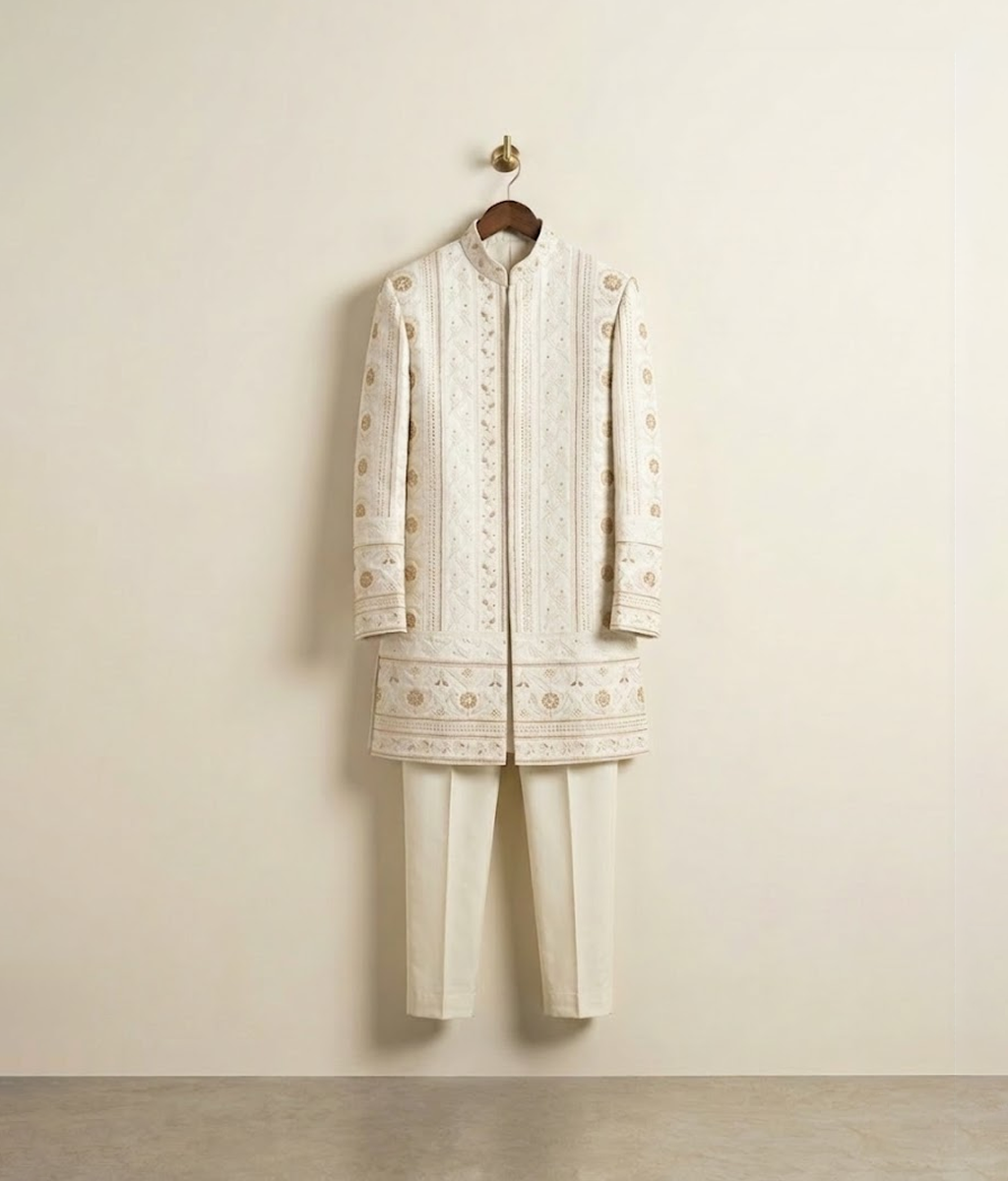 White floral embroidered open prince coat
