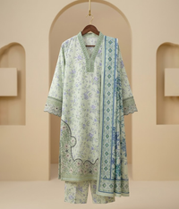 White printed 3 piece with embroidered border
