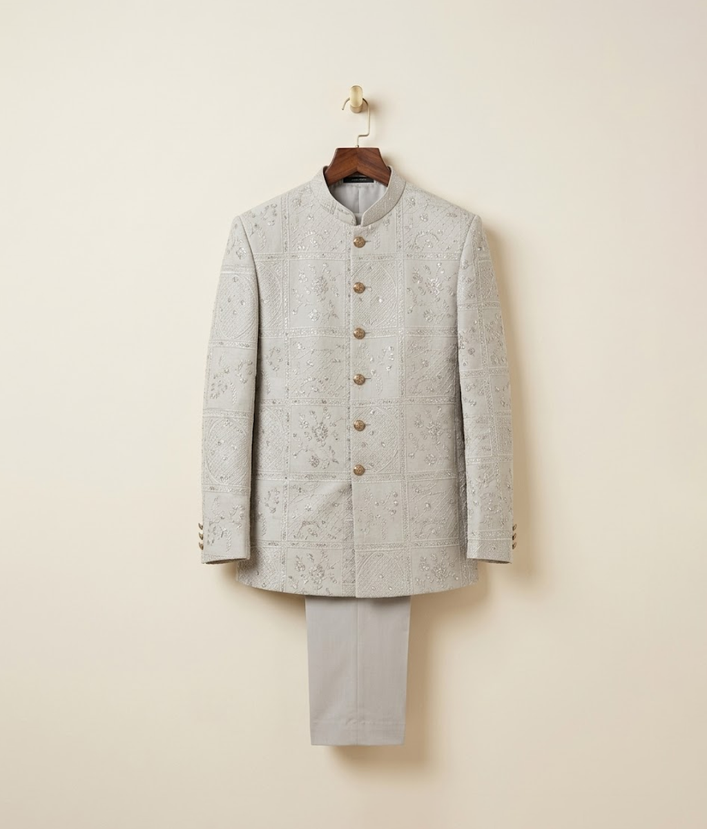 White self embroidered buttoned prince coat
