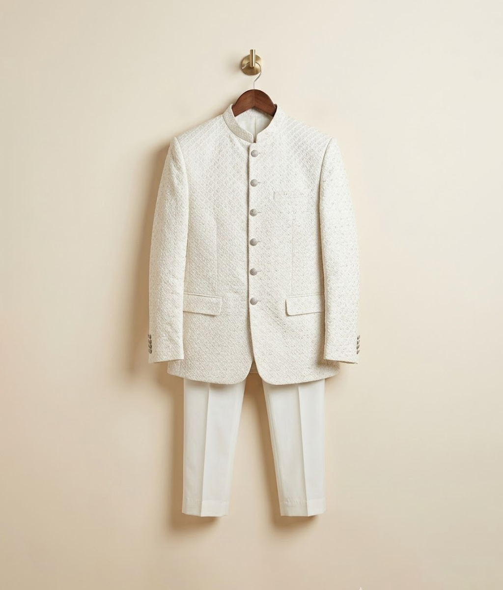 White self embroidered buttoned princecoat