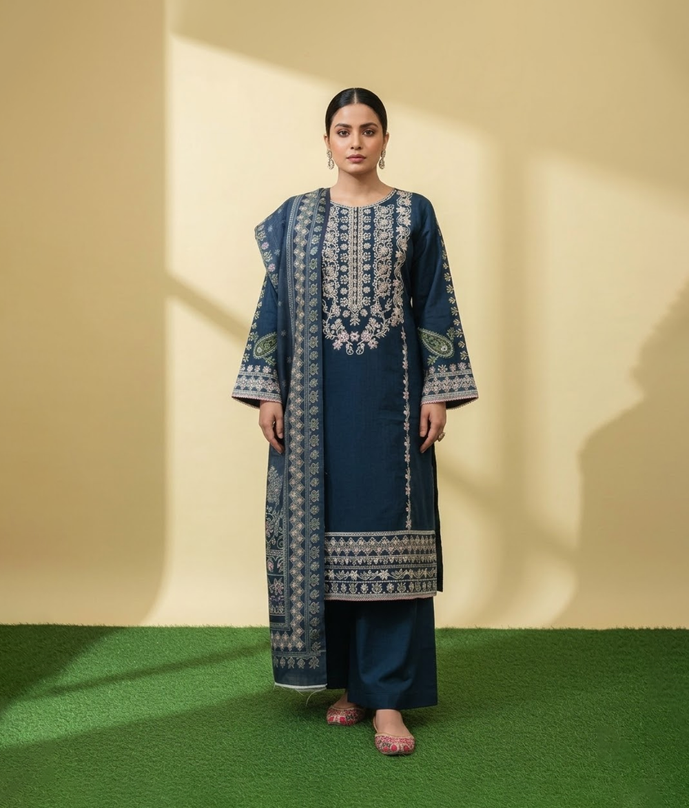 Dark blue embroidered shirt with trousers and cotton dupatta