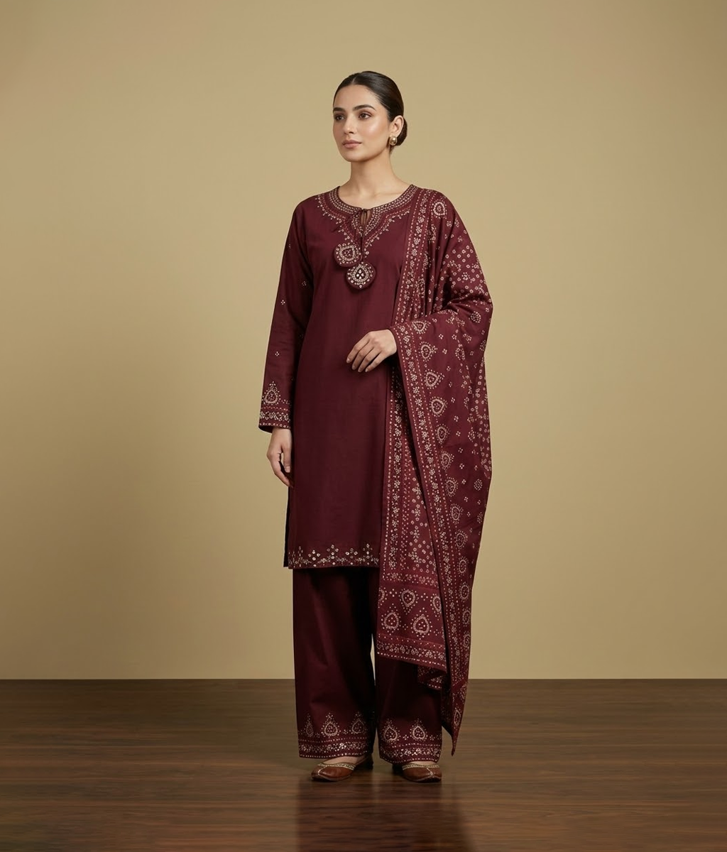 Maroon cotton 3 piece suit