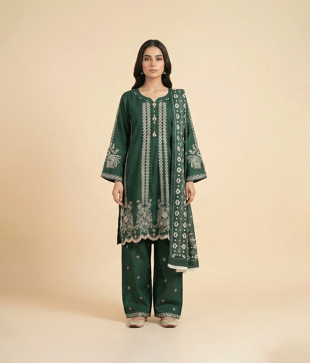 Bottle Green Cotton Embroidered A-Line 3 Piece Suit