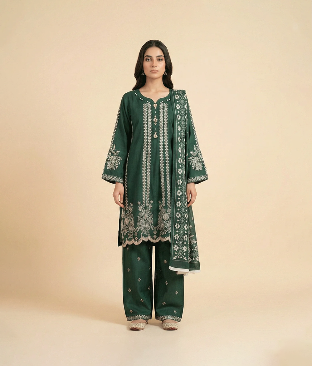 Bottle Green Cotton Embroidered A-Line 3 Piece Suit