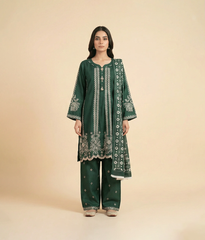 Bottle Green Cotton Embroidered A-Line 3 Piece Suit