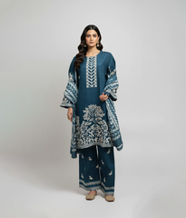 Blue embroidered shirt with trouser and printed dupatta