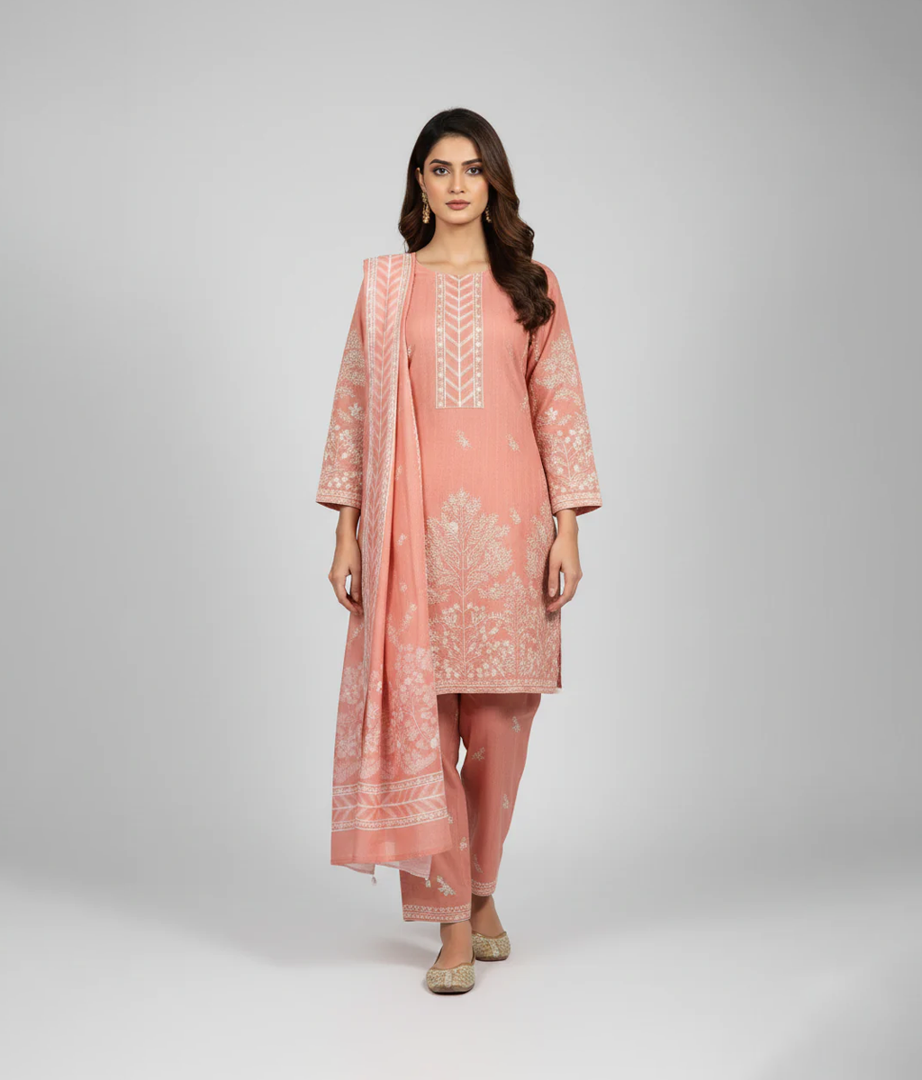 Petal pink embroidered shirt with trouser and printed dupatta