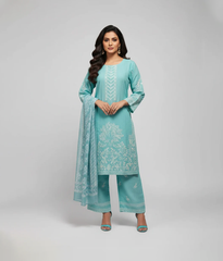 Turquoise embroidered shirt with trouser and printed dupatta
