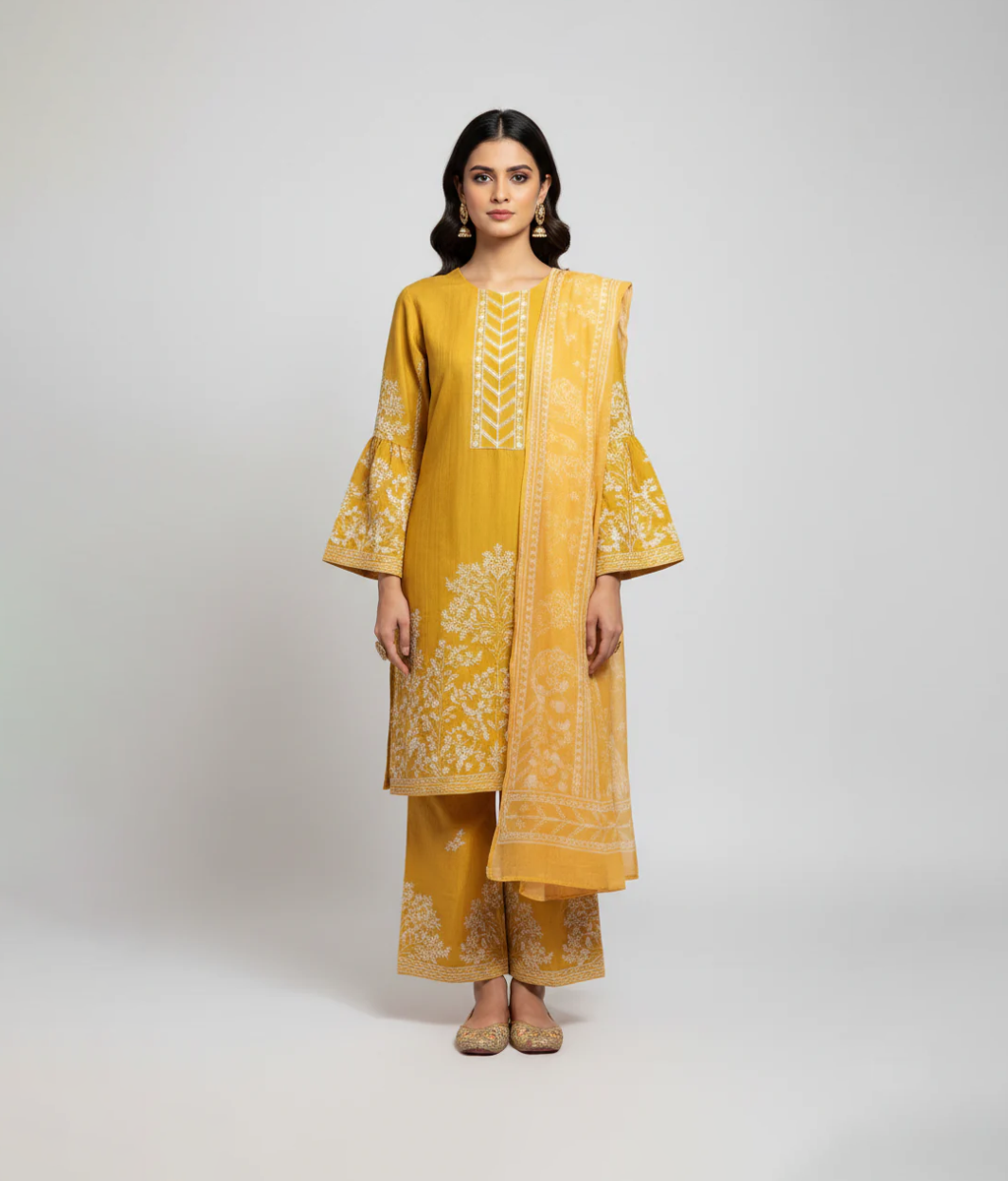Yellow embroidered shirt with trouser and printed dupatta